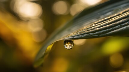 Close-up of a dewdrop clinging to a leaf, bathed in warm sunlight.  Blurred background of out-of-focus foliage