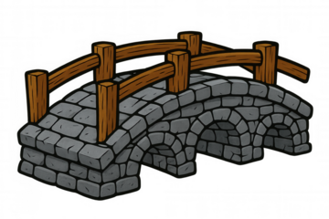 Stone arch bridge spanning narrow river, wooden handrail, transparent background, perfect for game design and digital artwork