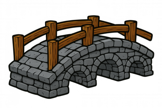 Stone arch bridge spanning narrow river, wooden handrail, transparent background, perfect for game design and digital artwork - Powered by Adobe