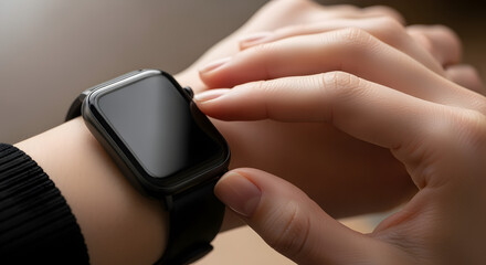 Woman Interacting with Black Smartwatch on Wrist Close-Up Against Blurred Neutral Backdrop