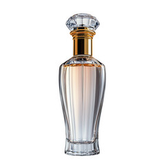 Elegant crystal perfume bottle with gold accents and delicate etching isolated on transparent background
