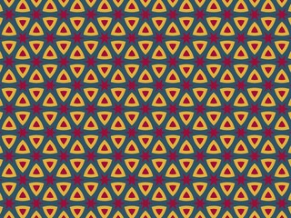 Geometric pattern with triangles and stars in blue, red, and yellow.