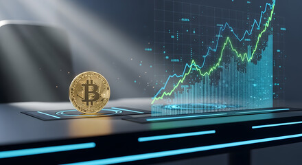 A golden Bitcoin coin illuminated by light rays next to a rising holographic financial graph on a futuristic interface.