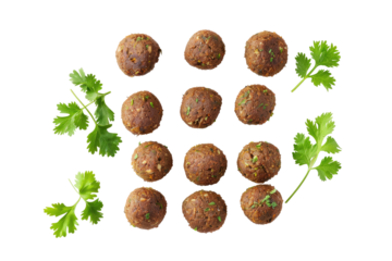 Round, dark-brown meatballs arranged in a grid pattern, surrounded by fresh cilantro sprigs