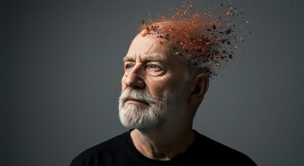 Fragmentation of Mind: A thought-provoking portrait of an older man with a dissolving head, symbolizing mental fragility, memory loss, or the weight of experience.