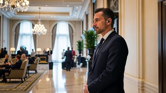Professional Security Guard Standing Alert in a Luxurious Hotel Lobby