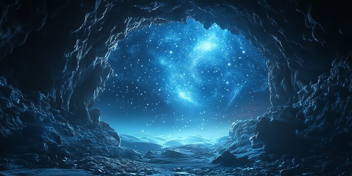 Cave Opening View of Starry Sky and Galaxy