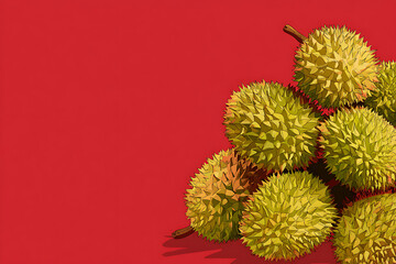 Cluster of spiky durian fruits resting on a vibrant red background, showcasing their unique texture