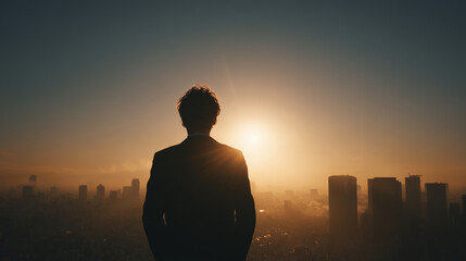 Fototapeta premium A photo of a man watching the sunset from the roof of a building, looking at the company's vision and philosophy.