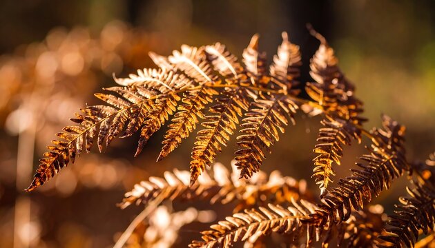 Sunlit autumn fern fronds, displaying intricate detail and warm, golden-brown hues. - Powered by Adobe