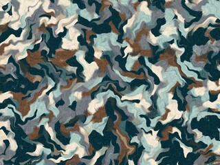An abstract camouflage-style pattern with wavy lines in earthy and muted tones.