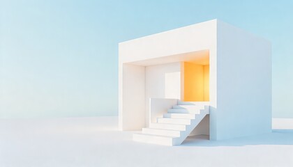 Minimalist architecture featuring a white cube structure with stairs and a yellow doorway against a blue sky