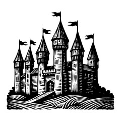 Obraz premium Majestic Fantasy Medieval Castle with Towers and Flags in Black and White Outline Line Art Drawing Style Vintage Etching