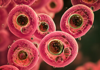 Microscopic view of pink cells with water droplets reflecting the cellular structure