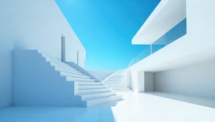 Obraz premium Minimalist architecture featuring white buildings stairs and a clear blue sky in a modern design