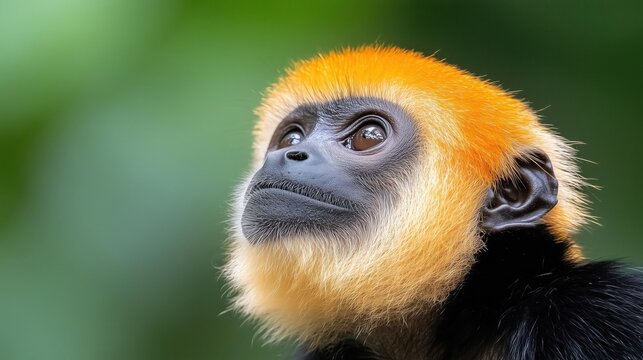 Portrait of a Yellow Cheeked Gibbon monkey in the forest
