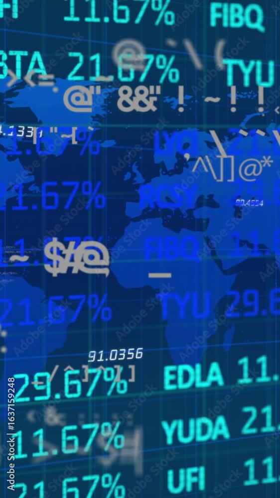 Poster animation of financial data processing over world map