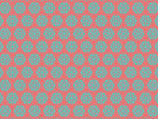 Vibrant pattern featuring blue floral motifs on a coral background, seamless design.
