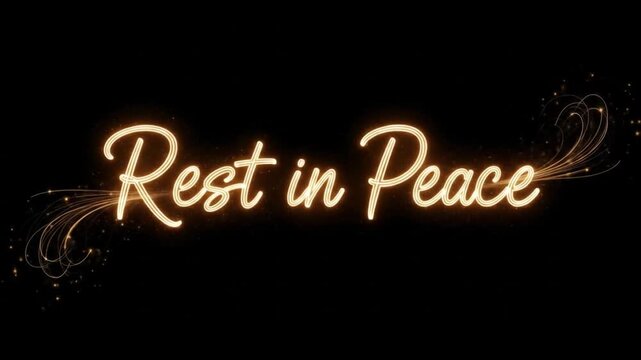 Golden 'Rest in Peace' animation on black backdrop for memorial videos and tributes - Powered by Adobe
