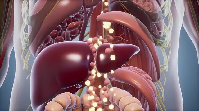 Detailed Human Digestive System Anatomy with Internal Organs Animated View Featuring Stomach Liver Intestines and Other Digestive Components in a Medical Visualization Suitable for Educational
