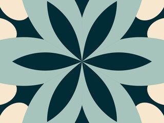 Abstract floral pattern in teal, dark blue, and cream with symmetrical design.