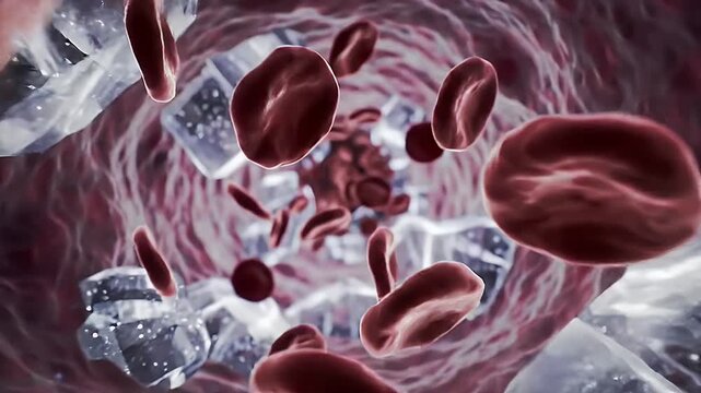 Internal Artery Display with Red Blood Cells and Ice Crystals Flowing in Pink Blood Vessels Medical Visualization of Blood Dynamics for Cryoglobulinemia Illustration and Winter Season Symbolism