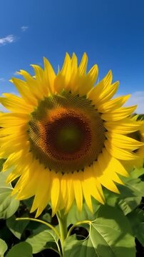 風に揺れるひまわり畑のひまわりの縦長ビデオ