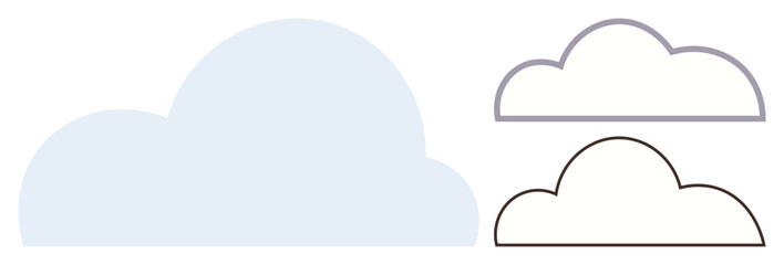 Three cloud shapes include a filled solid light blue, a gray outlined, and a black outlined style. Ideal for weather, technology, data storage, creativity, dreaming, minimal art simple flat metaphor