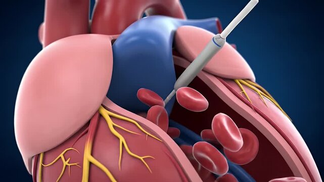 Heart Ablation Animation Featuring a Catheter Treating Arrhythmia Against a Dark Blue Backdrop Detailed 3D Medical Visualization Showcasing Blood Circulation During a Cardiac Procedure Optimized for