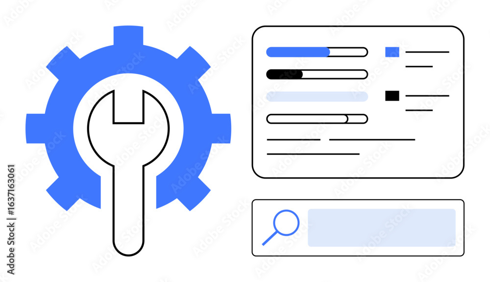 Poster gear with wrench symbolizing tools and settings, data bars inside a display panel, and a search bar.