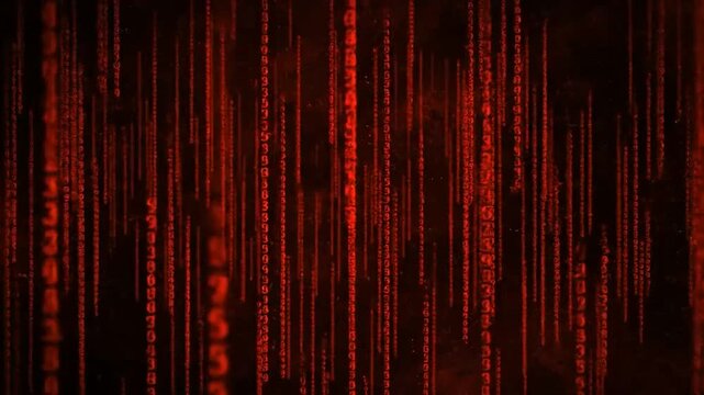 Red digits cascade in vertical rows forming a digital matrixlike display set against a dark background