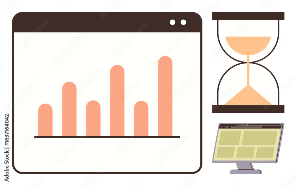 Poster bar graph in web browser, hourglass with sand and desktop screen. ideal for analytics, time manageme