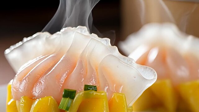 Steaming Gourmet Shrimp Dumplings with Mango Salsa and Green Onion Garnish