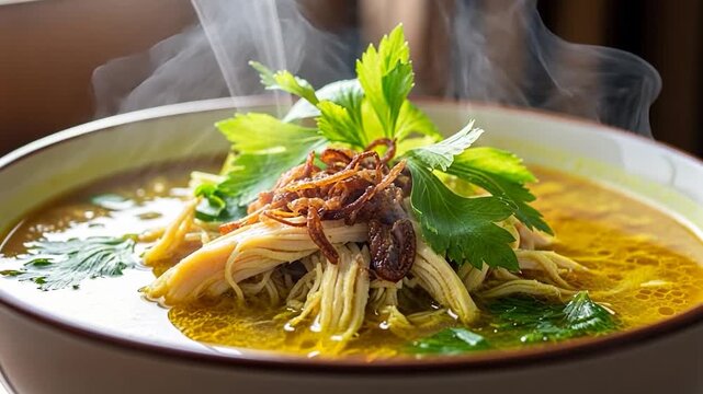 Steaming Hot Indonesian Chicken Soup with Shredded Chicken and Fried Shallots