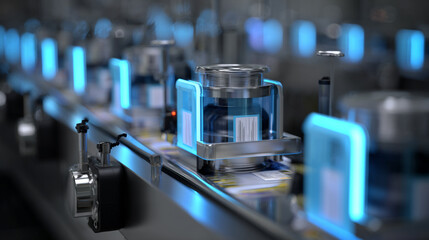 Automated labeling station applying smart stickers embedded with tracking chips and glowing progress indicators. 