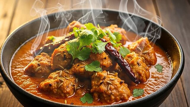 Steaming Hot Indian Curry Dish with Aromatic Spices and Fresh Herbs on Wooden Table
