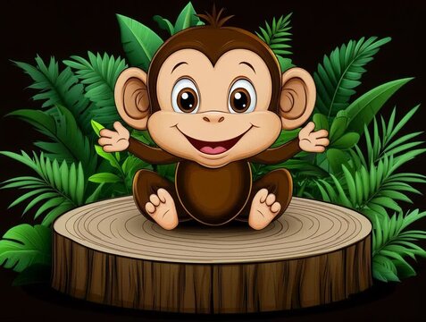 Cartoon Monkey Smiling on a Tree Stump Surrounded by Lush Greenery