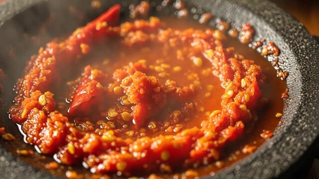 Steaming Hot Spicy Chili Paste in Traditional Stone Mortar