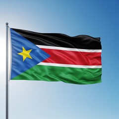 Obraz premium The flag of South Sudan, with black, red, green stripes & a blue triangle with a yellow star, waves against a clear blue sky. Bright, patriotic.