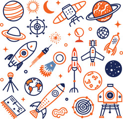 Space exploration and astronomy themed icons in a flat design style planet moon