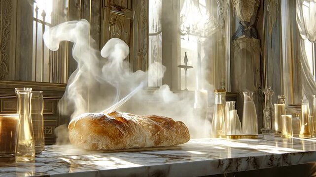 Steaming loaf of bread on marble surface in ornate room, sunlit windows and gold accents