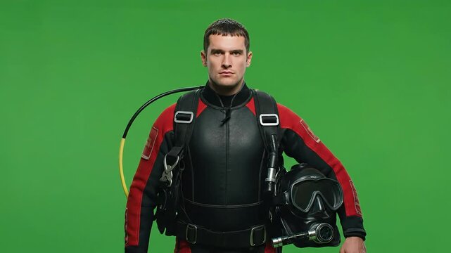 Confident Male Scuba Diver in Full Gear Walks into Frame on a Green Screen, Ready for a Mission.