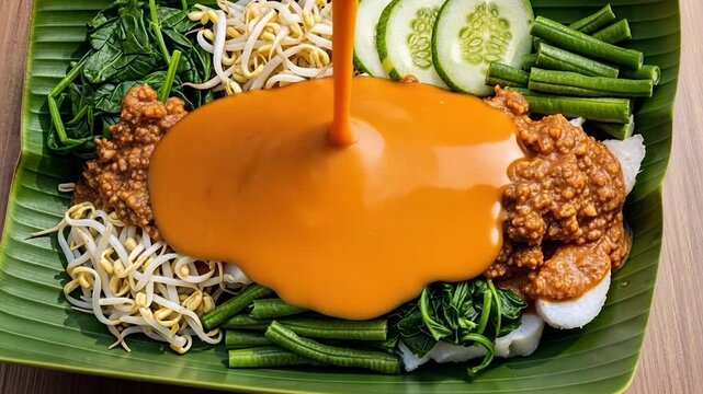Traditional Indonesian Gado-Gado with Peanut Sauce, Fresh Vegetables, and Rice Cakes on Banana Leaf