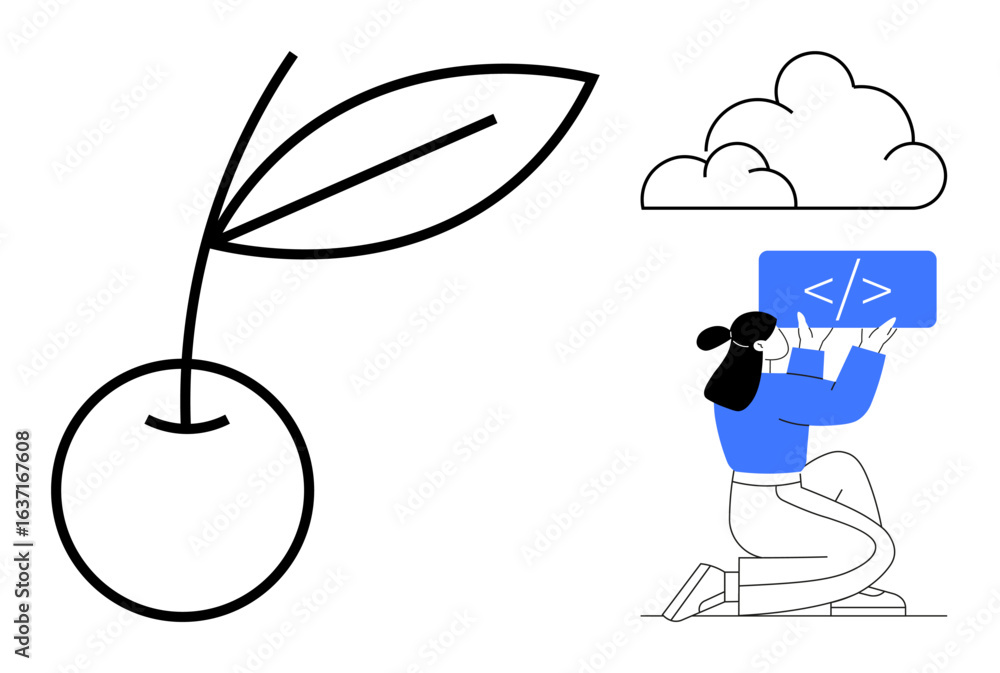 Poster woman programming on a laptop displaying code, abstract cherry graphic with leaf, and cloud shape. i