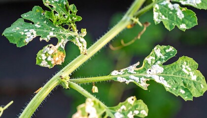 Watermelon plant leaves exhibiting significant pest damage, holes, and discoloration.