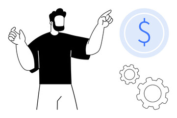 Man gestures toward a dollar icon near two gear graphics, representing financial decisions and systems. Ideal for fintech, economy, planning, automation, teamwork, business, simple landing page