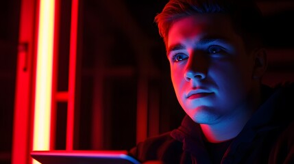 Young Man Neon Light Portrait Red Blue Dramatic Mood