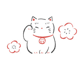 招き猫と梅の花。ラフな線で描いた線画イラスト。