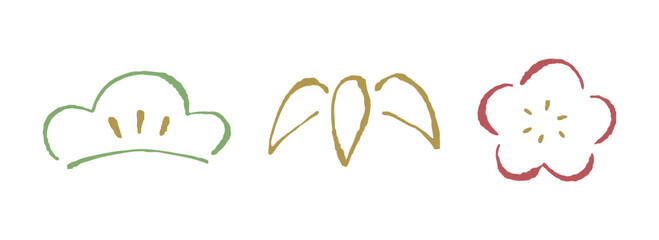 ラフな線で描いた、シンプルな松、竹、梅の手描きイラスト。モダンな和の色。