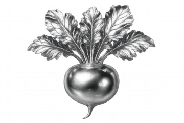 Metallic beetroot gleaming with intricate leaf patterns, revealing striking textural contrast against transparent surface